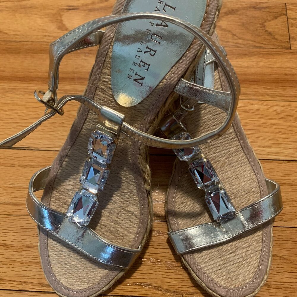 Ralph Lauren "Carola" Platino Leather Women's Wedge Sandals- worn once sz. 7